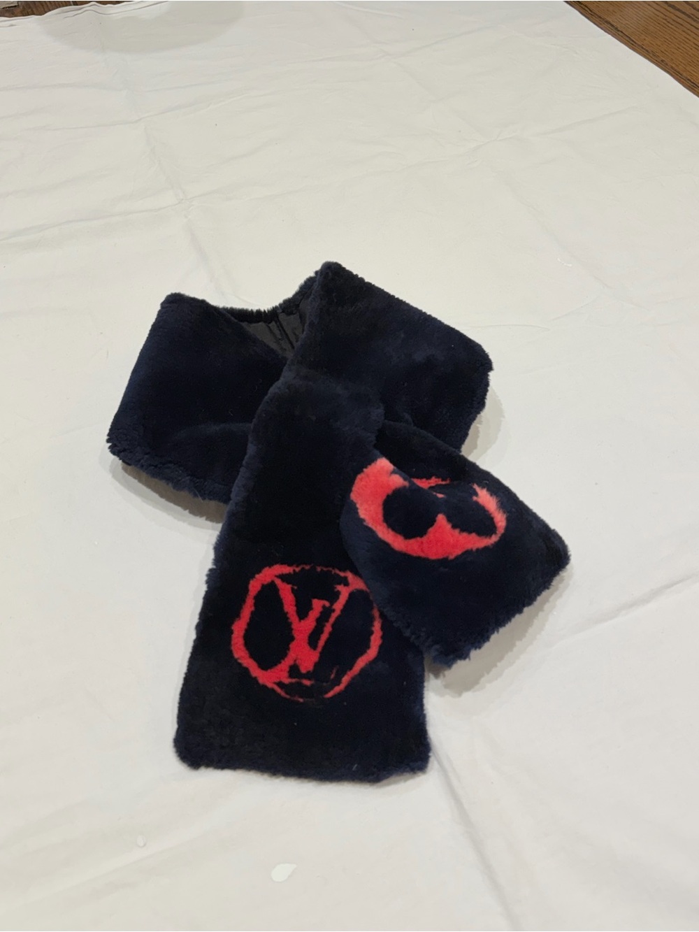 Louis Vuitton Black Faux Fur Scarf with Red LV Logo Accents